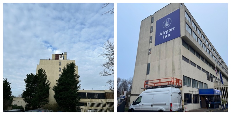 A collage of the Airport Inn Signage during and after installation.